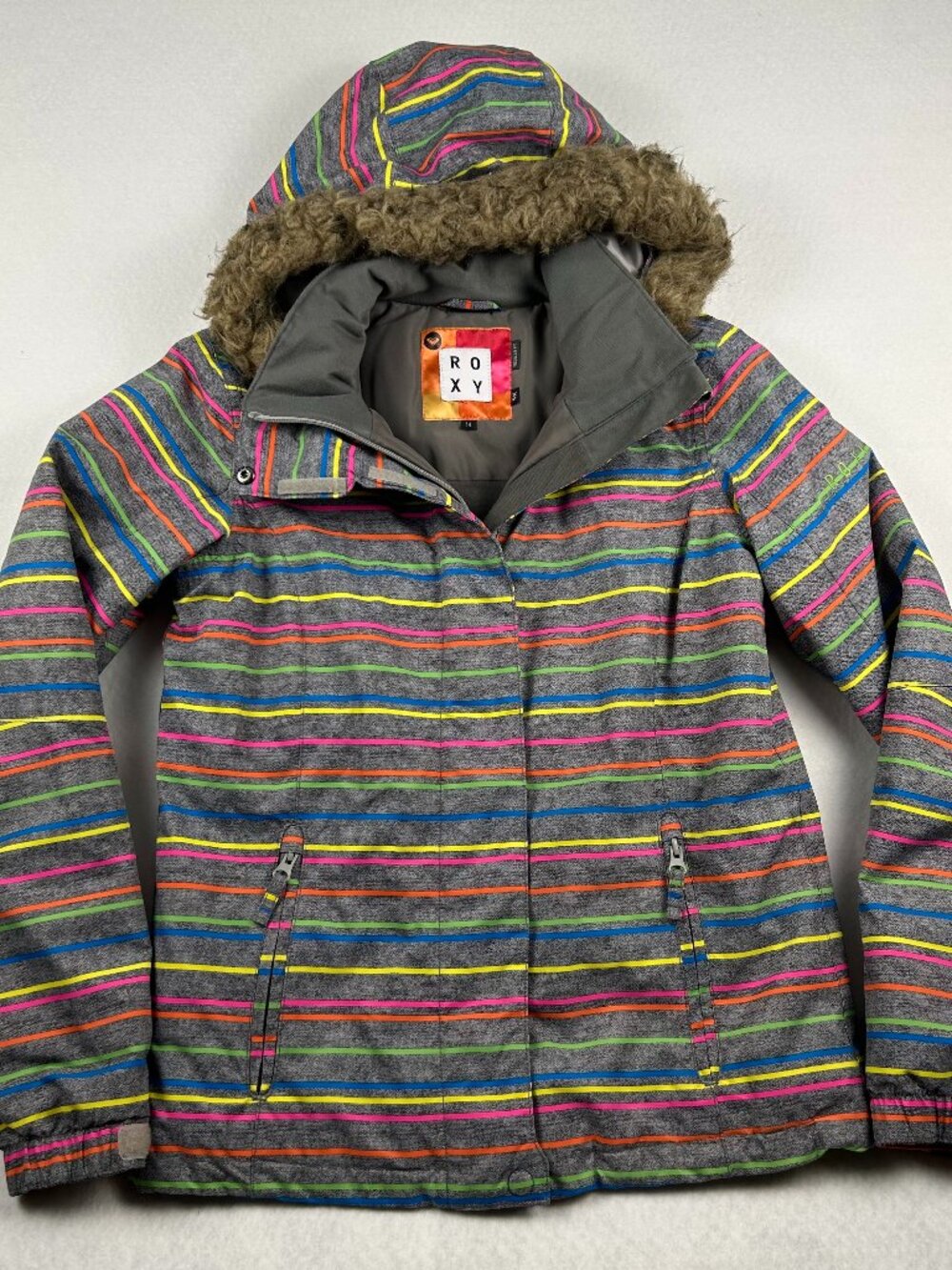 Roxy | Ski Snowboard Dry Flight 5K Girls Hooded Coat Geometric Neon Stripe, 14